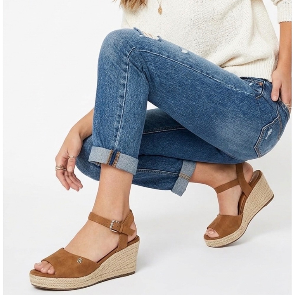 Tommy Hilfiger Open Toe Platform Espadrille Sandals Ankle Strap Gold Logo Sz 9